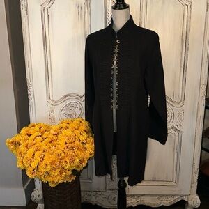 Soft Surroundings Black Ramie Long Sleeve  Mandarin Collar Coin Buttons Jacket